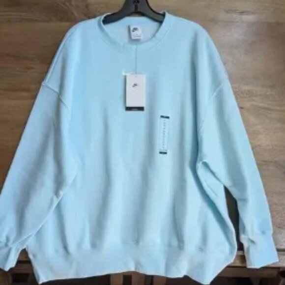 Nike Sportswear Fleece Sweatshirt Womens XL Light Blue Ribbed Crew Neck Swoosh - Picture 1 of 2